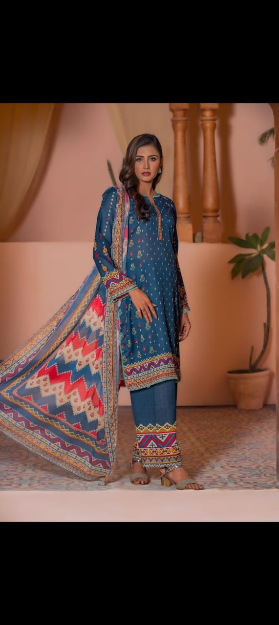 Poshaak Sea Blue Unstitched Ladies Suit – Elegance in Every Stitch