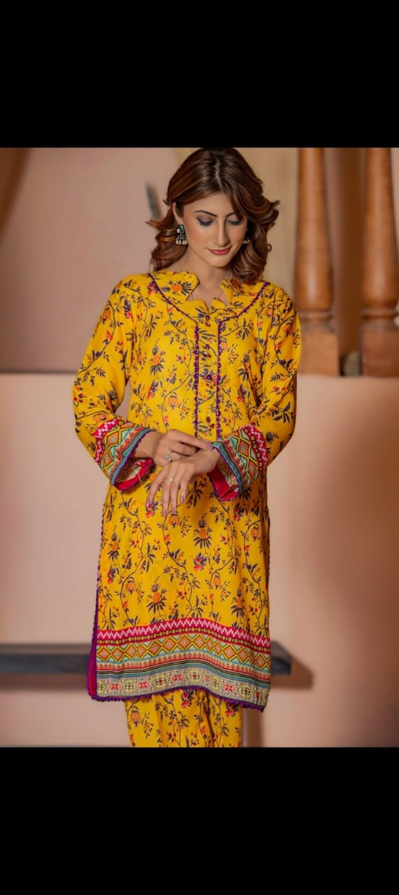 Poshaak Three Piece Ladies Saffron Color Unstitched Swiss Lawn