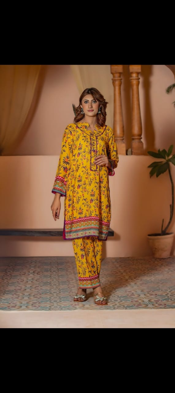 Poshaak Three Piece Ladies Saffron Color Unstitched Swiss Lawn