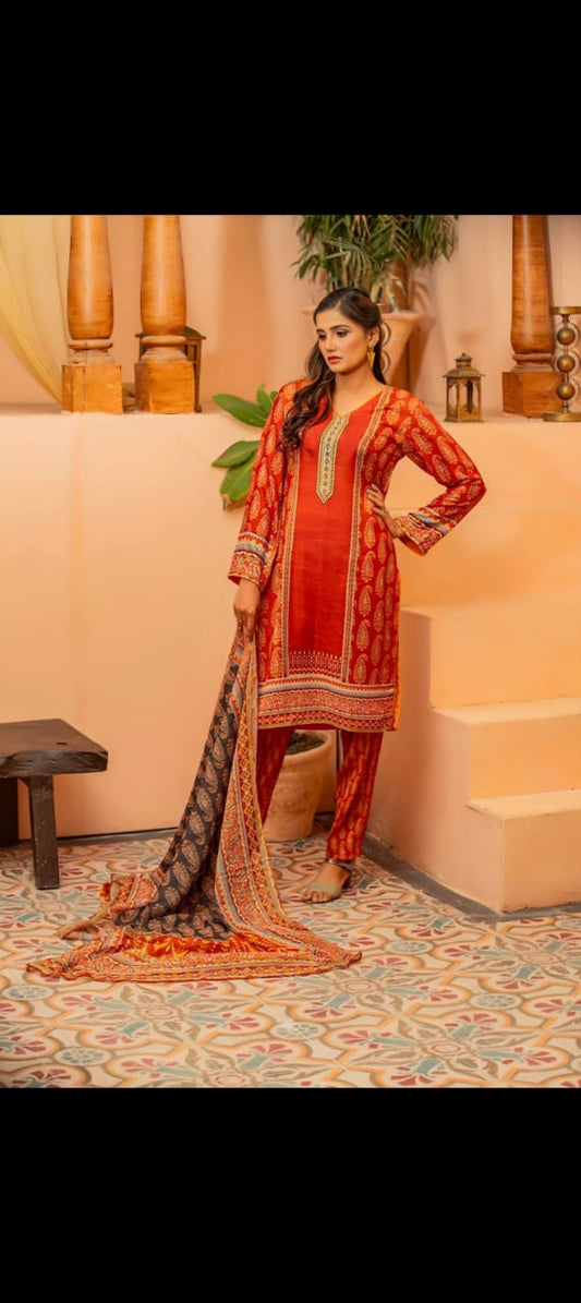 Poshaak Amber Color Three Piece Unstitched Ladies Suit